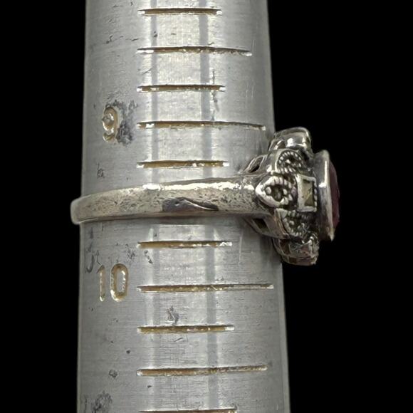 Antique Style Created Ruby Marcasite Ring 925 Sterling Silver Size 9.5 - Picture 8 of 8